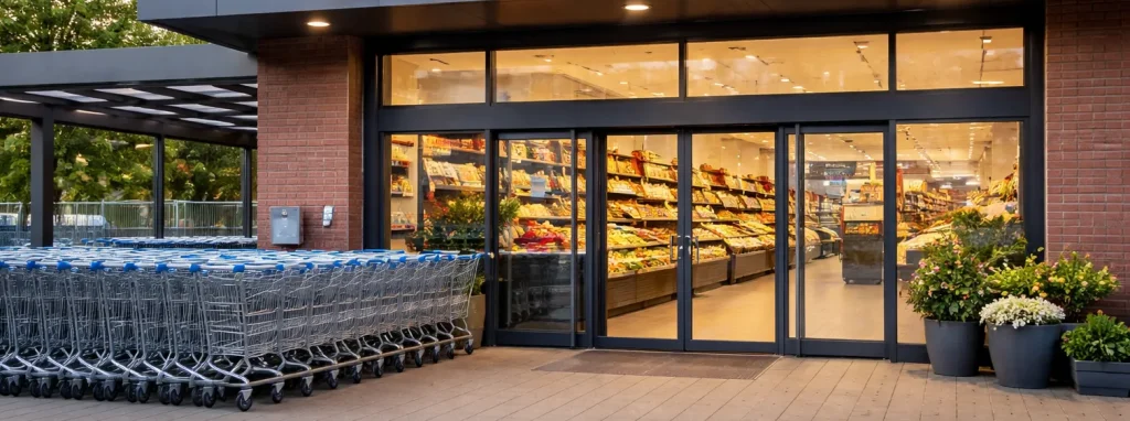 Ingang van een Aldi supermarkt in Woerden met winkelwagens buiten