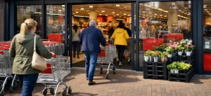 Ingang van een Dirk van den Broek supermarkt met winkelwagens