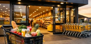 Buitenkant van een Jumbo supermarkt in Woerden bij zonsondergang