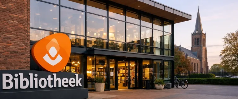 Moderne bibliotheek in Woerden bij avondlicht.