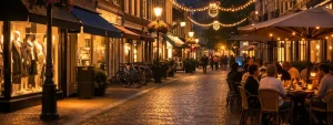 Verlichte winkelstraat in Woerden tijdens koopavond