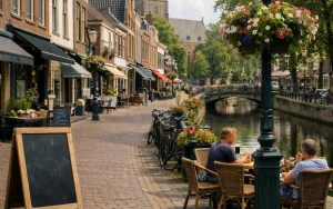 Gezellige straat en gracht in Woerden op zondag