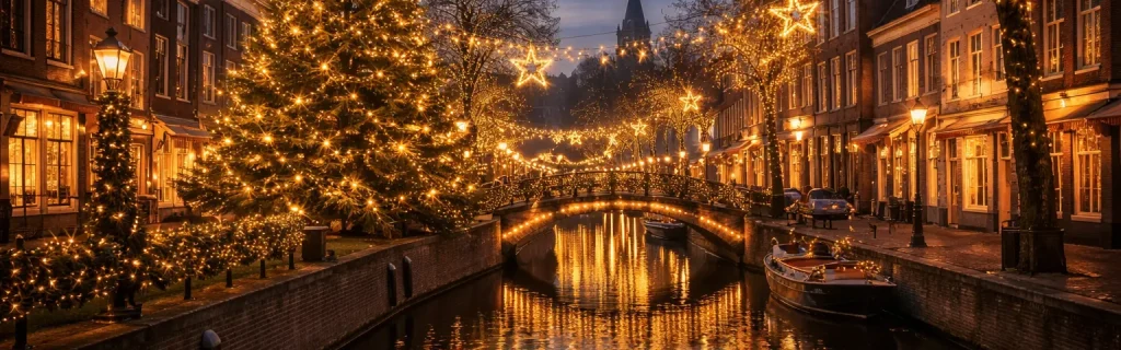 Verlichte straat en gracht in Woerden tijdens de feestdagen