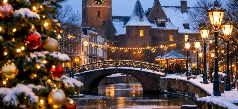 Winterse kerstscène in Woerden bij avondlicht.