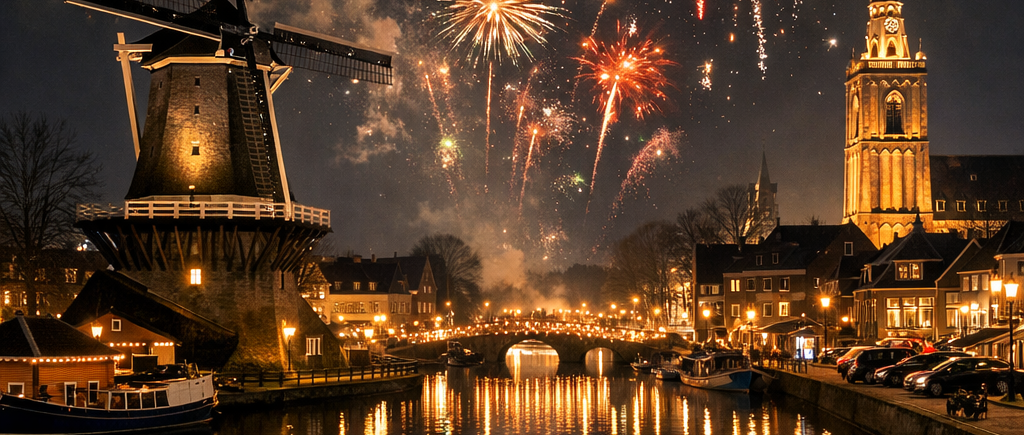 Vuurwerk boven Woerden in de oudejaarsnacht.