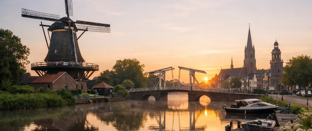 Windmolen en brug aan het water in Woerden bij zonsopgang