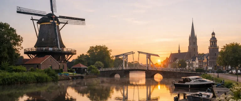 Windmolen en brug aan het water in Woerden bij zonsopgang