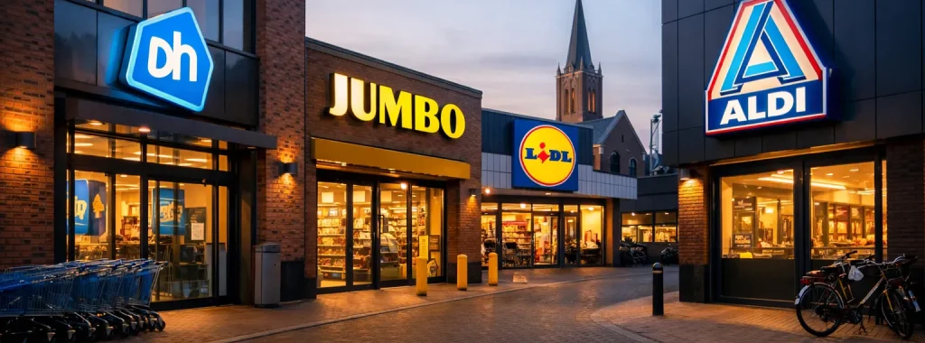Supermarkten in Woerden bij avondlicht