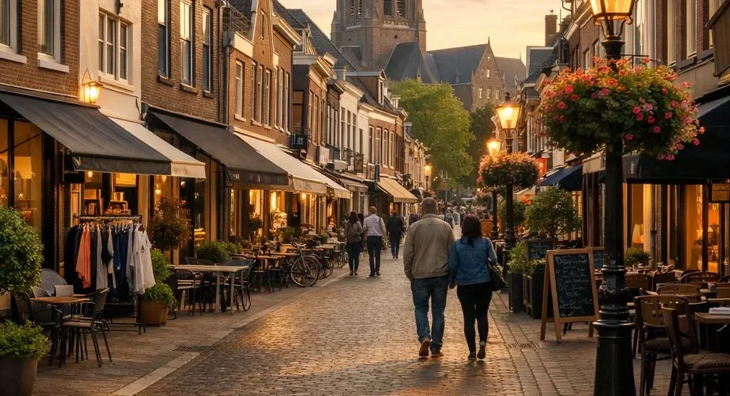 Winkelstraat in het centrum van Woerden bij zonsondergang