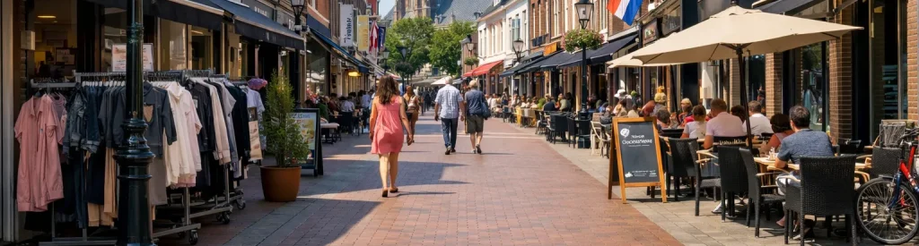 Gezellige winkelstraat in het centrum van Woerden op een zonnige dag.