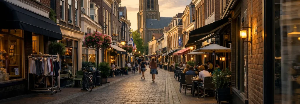 Winkelstraat in het centrum van Woerden met terrassen en kerktoren in de avondzon.