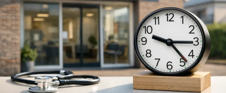 Gevel van een huisartspraktijk in Woerden met klok en stethoscoop