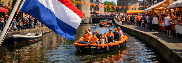 Feestelijke gracht in Woerden tijdens Koningsdag met oranje versiering en boten