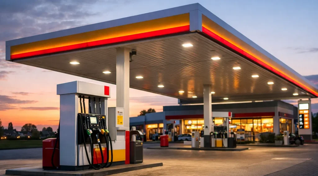 Modern tankstation in Woerden bij zonsondergang.