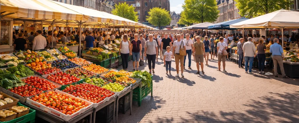 Drukke weekmarkt op het plein in Woerden
