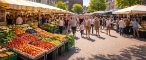 Bedrijven in Woerden Drukke weekmarkt op het plein in Woerden