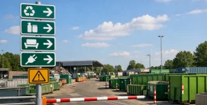 Bedrijven in Woerden Recyclingstraat met containers bij milieustraat in Woerden